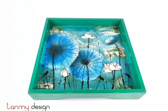 Square lacquer tray hand-painted with water lily 28 cm
